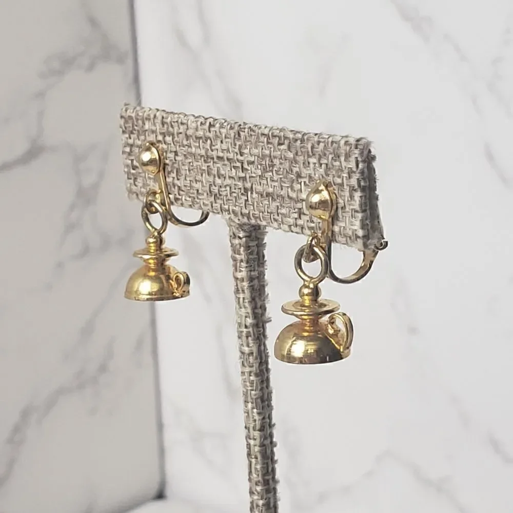 VINTAGE Goldtone Inkwell Kettle Candle Holder Clip-on Earrings